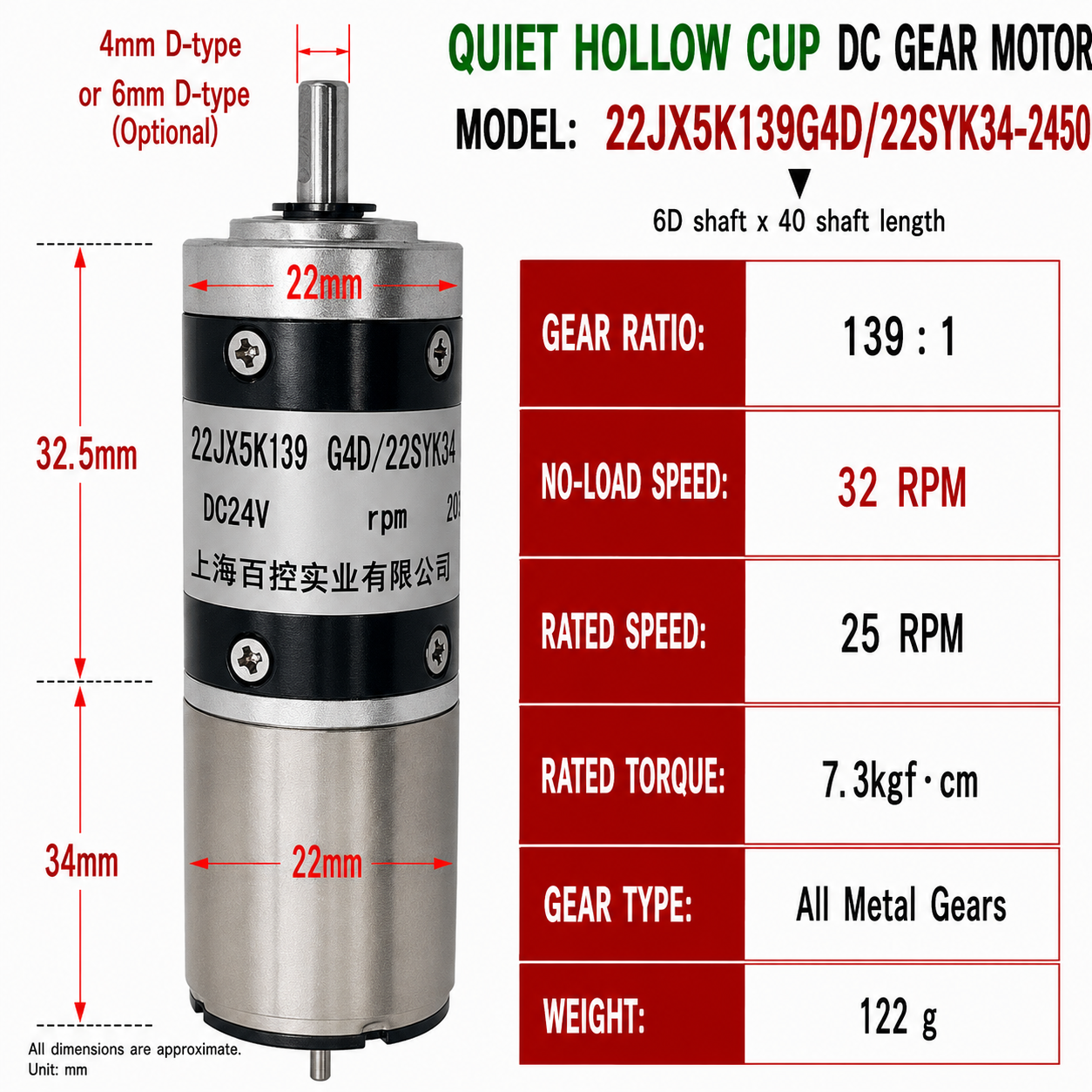 22mm Coreless Quiet DC Gear Motor 24V High Torque Reversible Micro Gearbox Motor