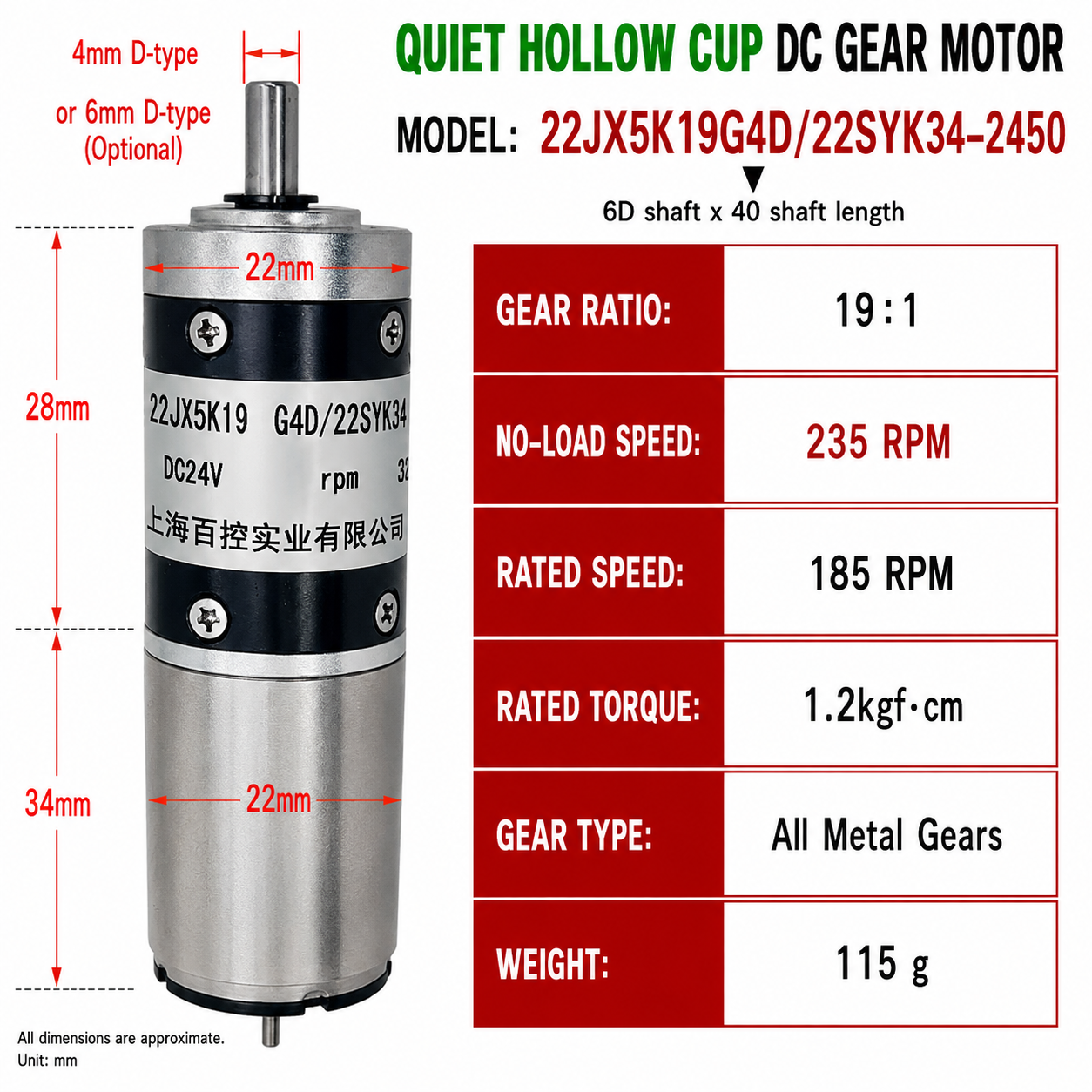 22mm Coreless Quiet DC Gear Motor 24V High Torque Reversible Micro Gearbox Motor