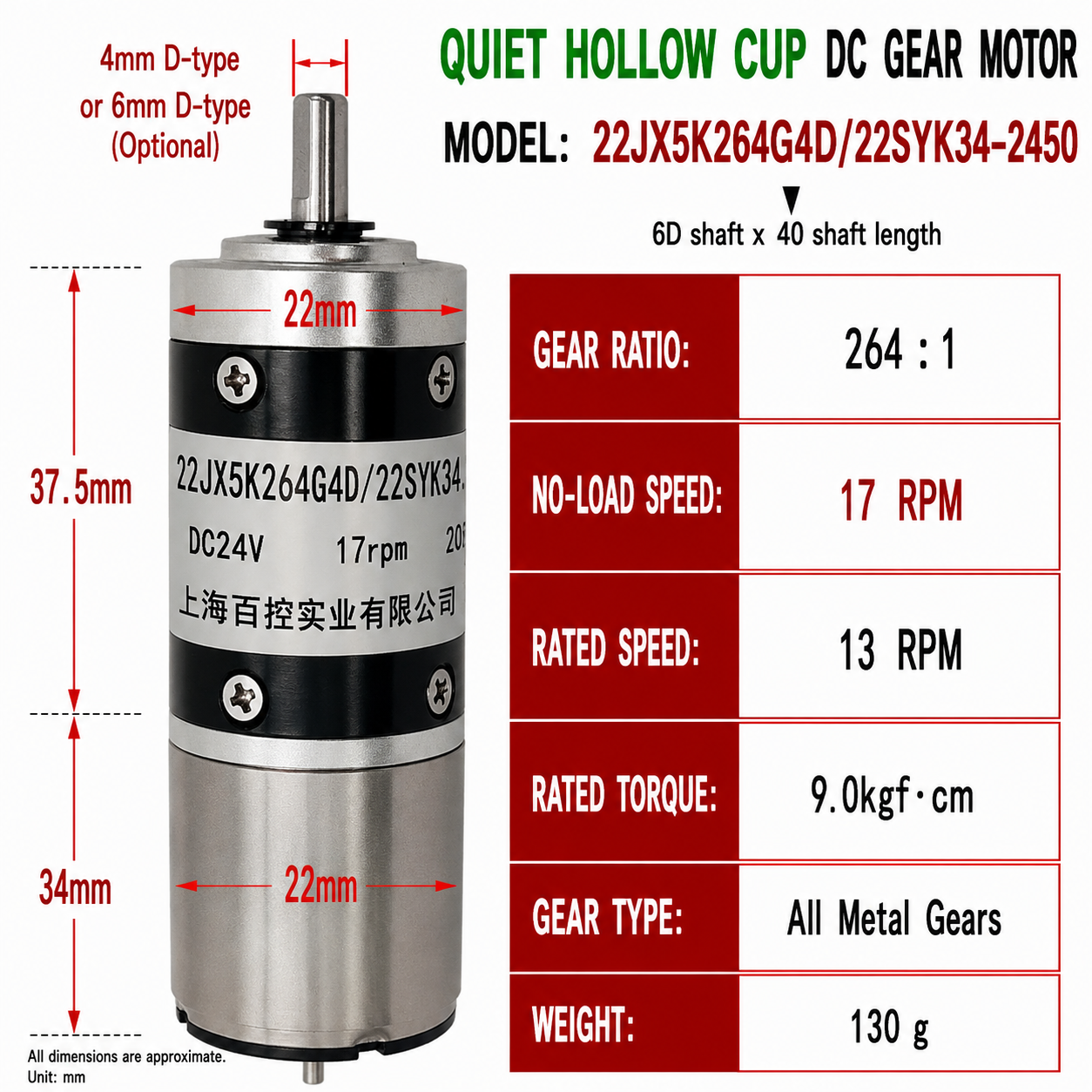 22mm Coreless Quiet DC Gear Motor 24V High Torque Reversible Micro Gearbox Motor