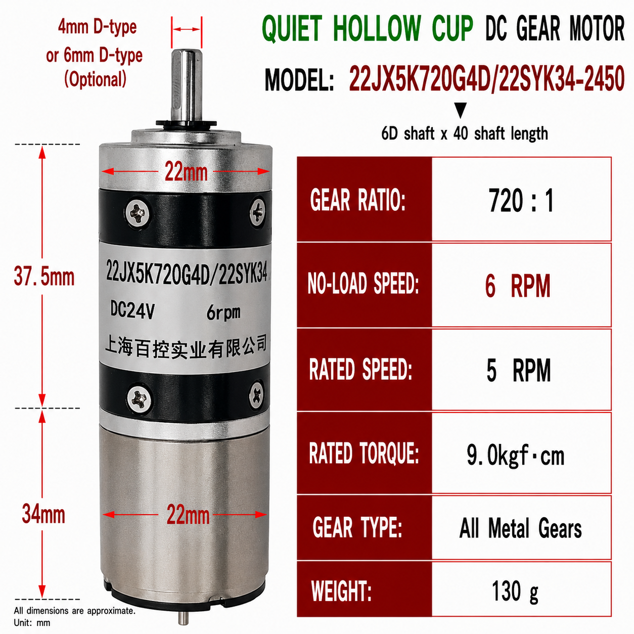 22mm Coreless Quiet DC Gear Motor 24V High Torque Reversible Micro Gearbox Motor