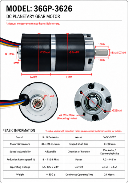 24V Brushless DC Planetary Gear Motor 120RPM–429RPM High Speed BLDC Motor 6mm / 8mm Shaft for Robotics