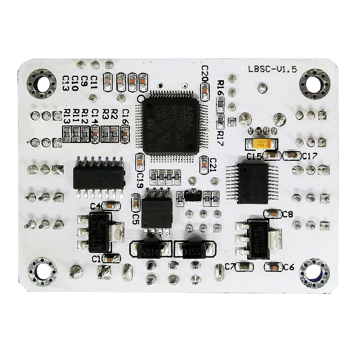 Back side of Hiwonder servo controller tester PCB showing chips, solder pads, and mounting holes