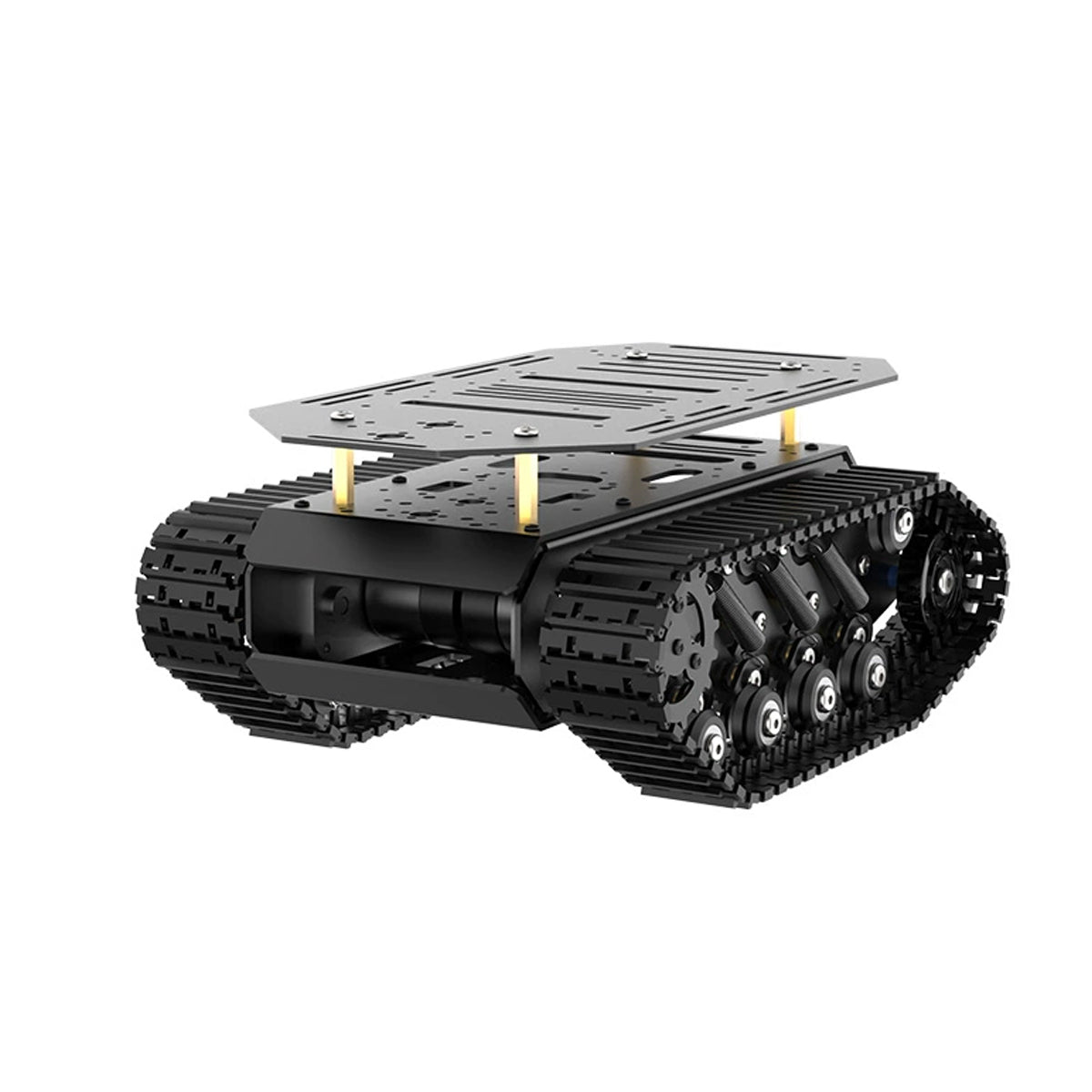 Tracked robot chassis with raised upper mounting plate and standoffs, 3/4 front view