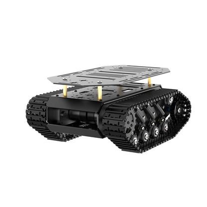 Tracked robot chassis with raised upper mounting plate and standoffs, 3/4 front view