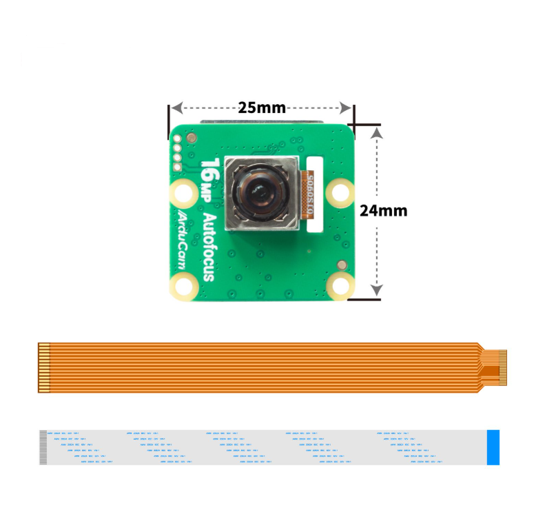 Arducam IMX519 camera module with 25mm by 24mm board dimensions and ribbon cables