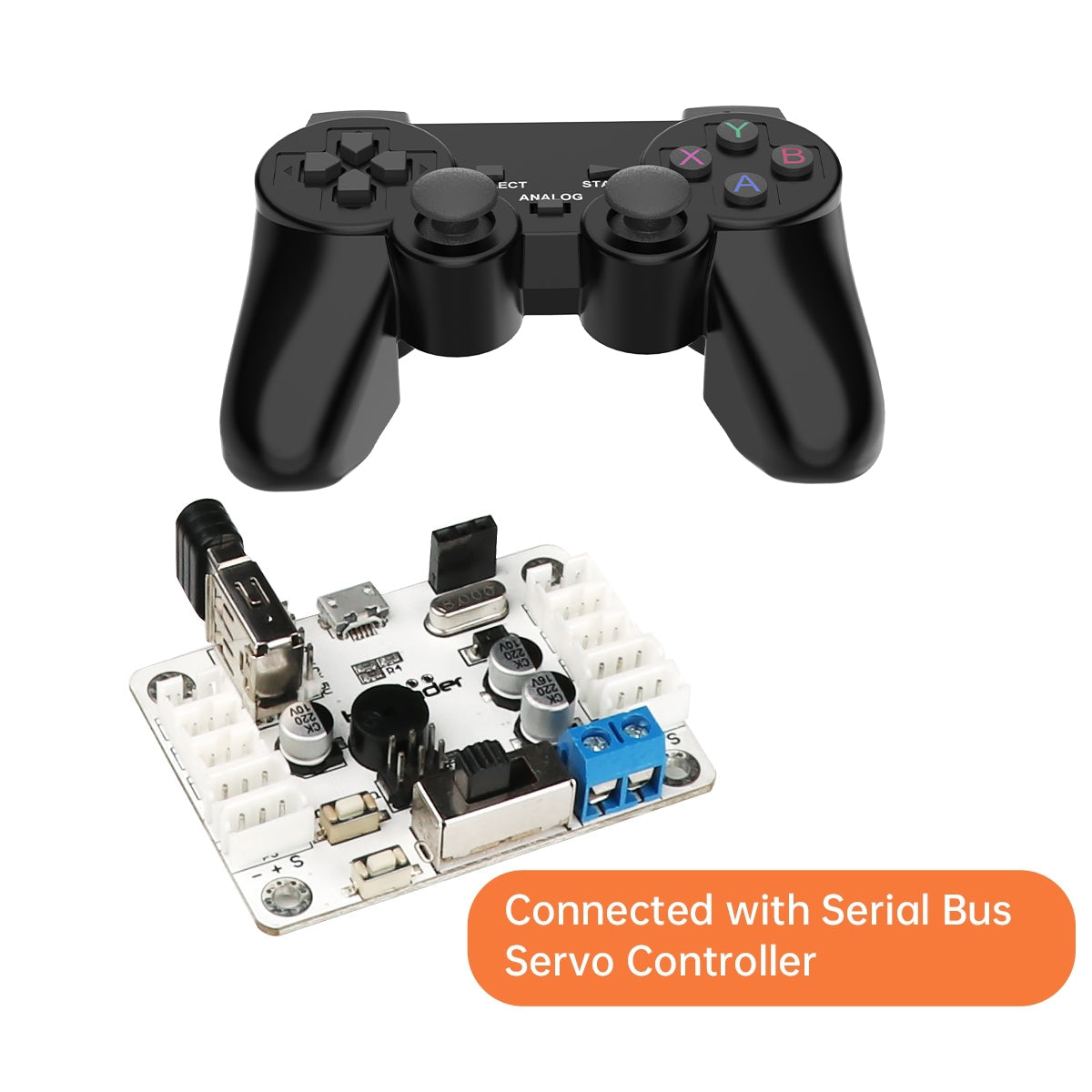 Controller connected to serial bus servo controller board via USB receiver, application setup
