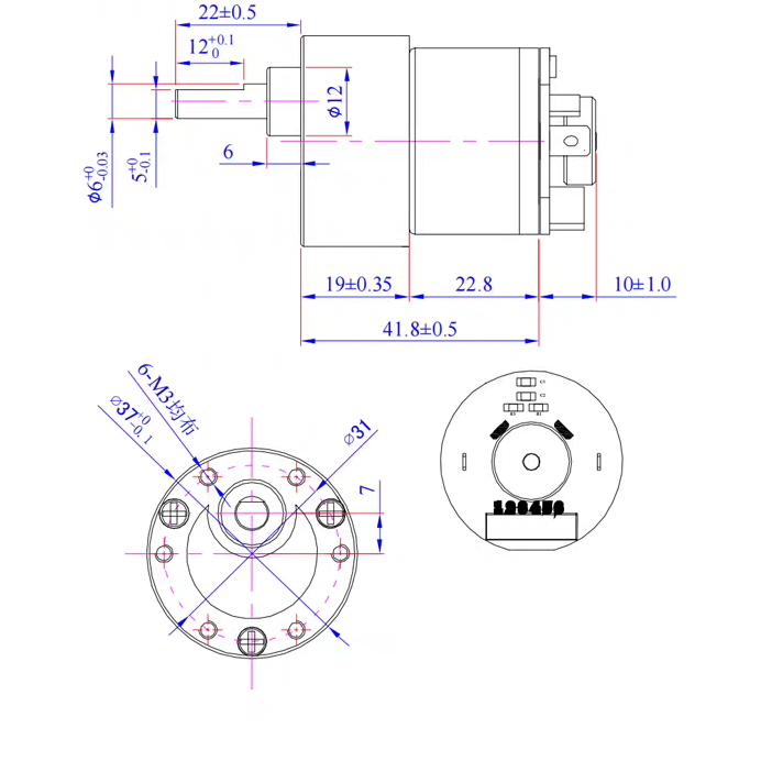 37mm DC Gear Motor with Encoder – 12V / 24V High Torque Motor, 7.4–1000 RPM Options