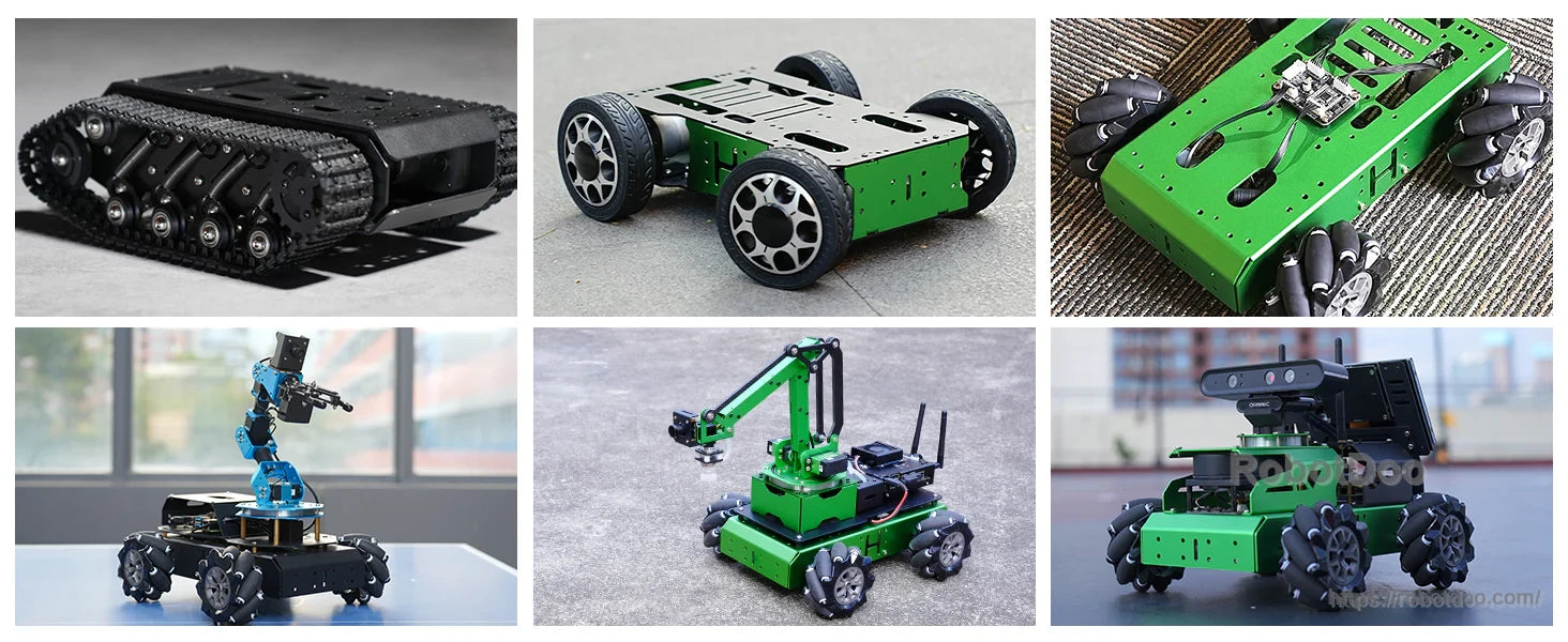 Example robot car platforms and tracked chassis projects that can use a 4-channel encoder motor driver board