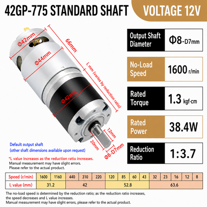 42GP-775 12V/24V 1600RPM DC Planetary Gear Motor High Torque Gearbox Motor