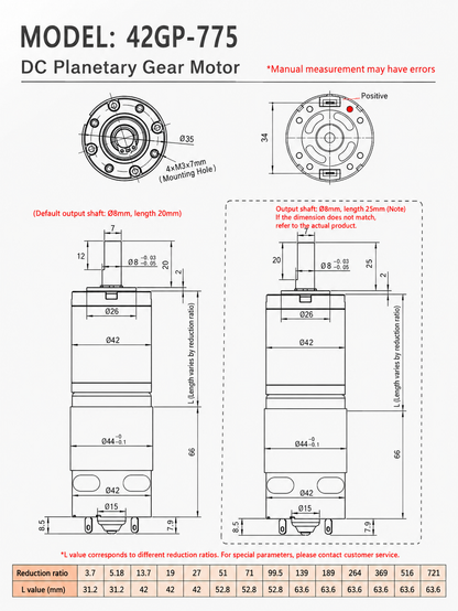 42GP-775 12V/24V 1160RPM DC Planetary Gear Motor High Torque Gearbox Motor
