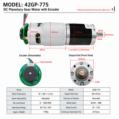 42mm High Torque Encoder Planetary Gear Motor 12V 24V DC Low Speed Gear Motor for Positioning Systems and Industrial Automation