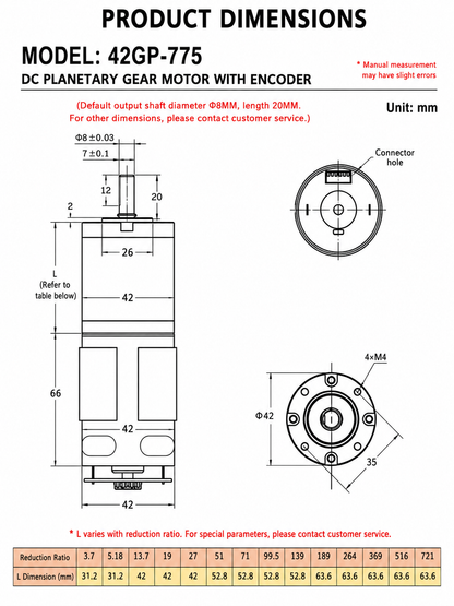 42mm High Torque Encoder Planetary Gear Motor 12V 24V DC Low Speed Gear Motor for Positioning Systems and Industrial Automation