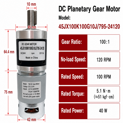 45JX100K 24V DC Planetary Gear Motor 40W High Torque Low Speed Brushed Gearmotor
