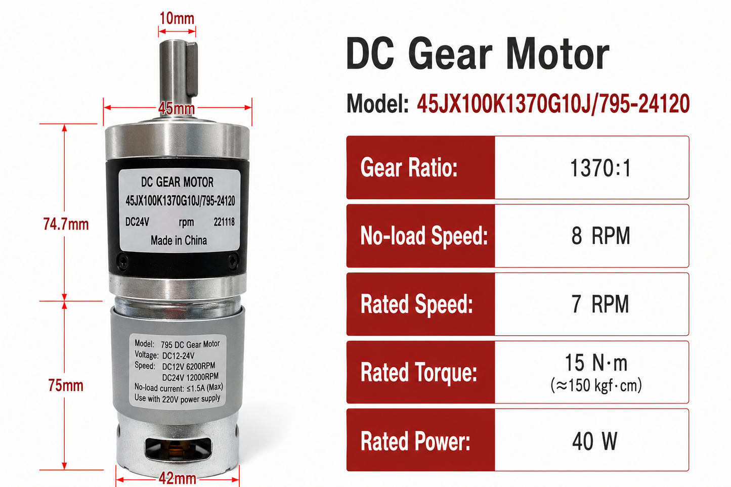 45JX100K 24V DC Planetary Gear Motor 40W High Torque Low Speed Brushed Gearmotor