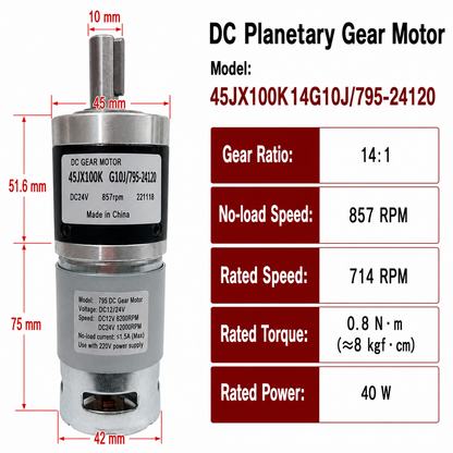 45JX100K 24V DC Planetary Gear Motor 40W High Torque Low Speed Brushed Gearmotor