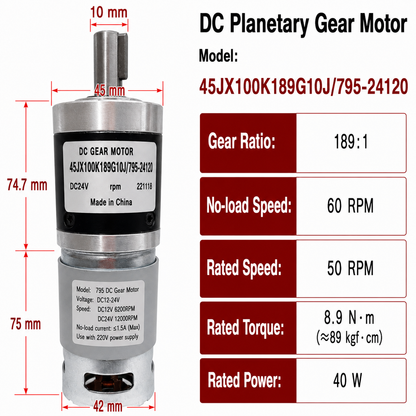 45JX100K 24V DC Planetary Gear Motor 40W High Torque Low Speed Brushed Gearmotor
