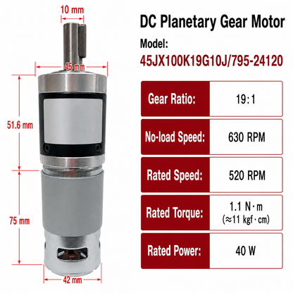 45JX100K 24V DC Planetary Gear Motor 40W High Torque Low Speed Brushed Gearmotor