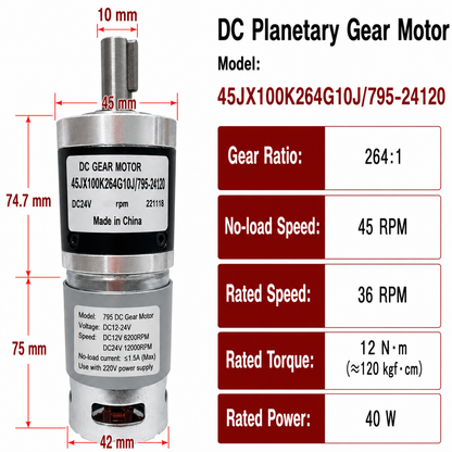 45JX100K 24V DC Planetary Gear Motor 40W High Torque Low Speed Brushed Gearmotor