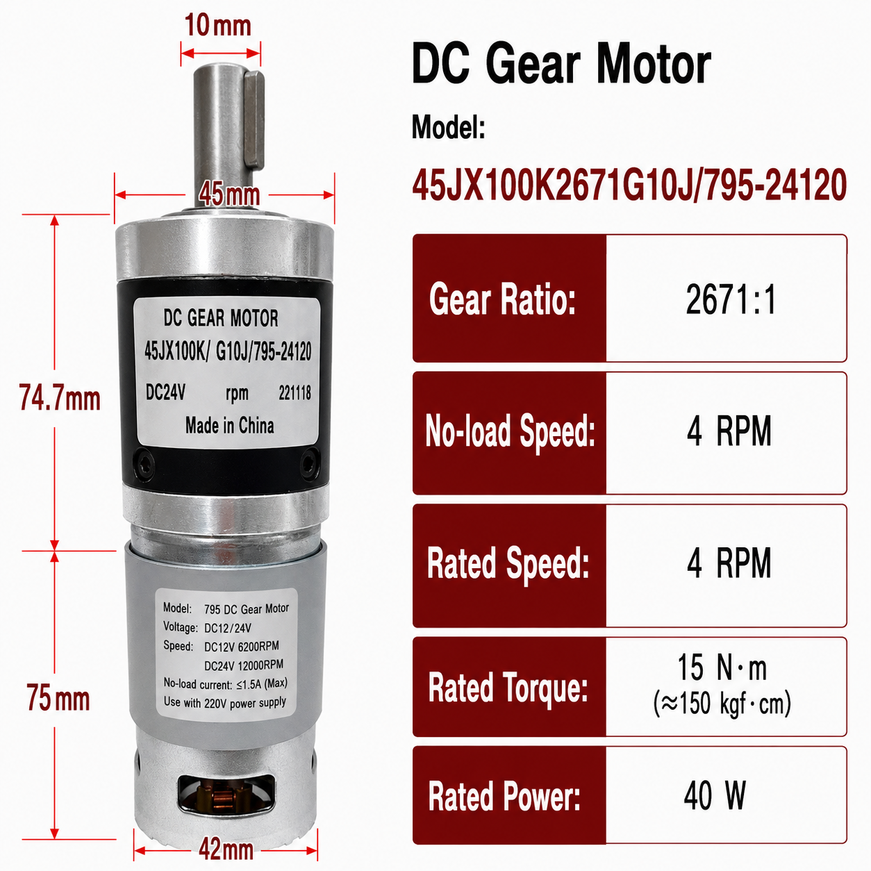 45JX100K 24V DC Planetary Gear Motor 40W High Torque Low Speed Brushed Gearmotor