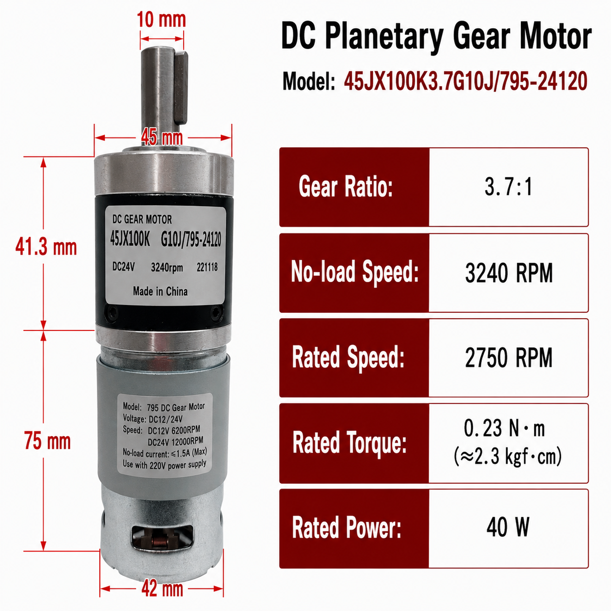 45JX100K 24V DC Planetary Gear Motor 40W High Torque Low Speed Brushed Gearmotor