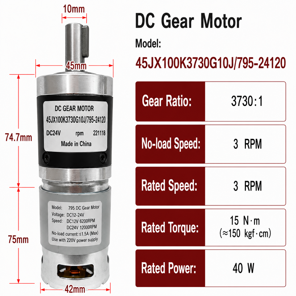 45JX100K 24V DC Planetary Gear Motor 40W High Torque Low Speed Brushed Gearmotor