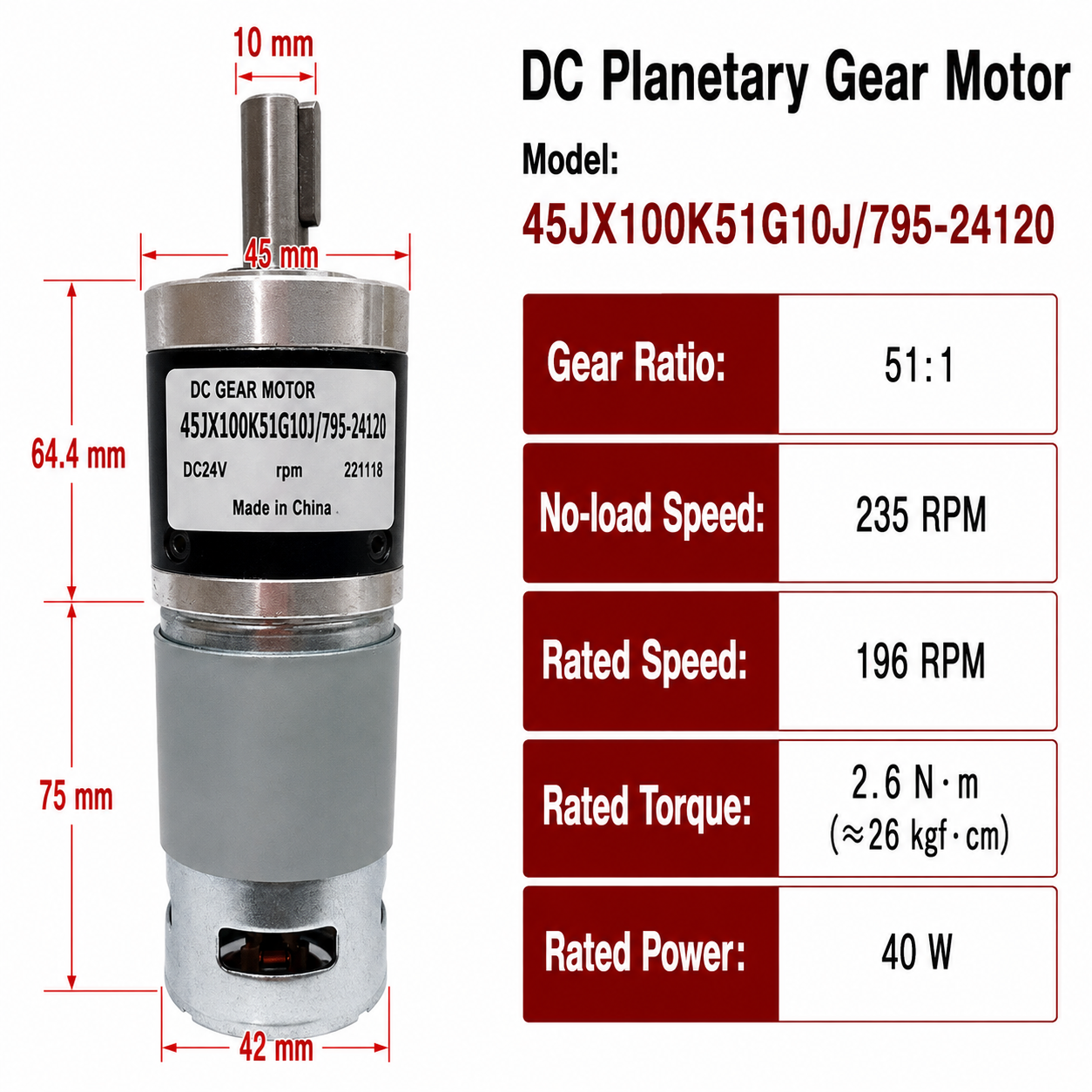 45JX100K 24V DC Planetary Gear Motor 40W High Torque Low Speed Brushed Gearmotor