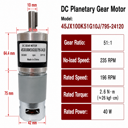 45JX100K 24V DC Planetary Gear Motor 40W High Torque Low Speed Brushed Gearmotor