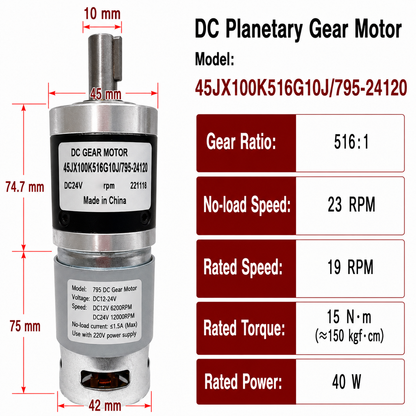 45JX100K 24V DC Planetary Gear Motor 40W High Torque Low Speed Brushed Gearmotor