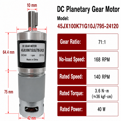 45JX100K 24V DC Planetary Gear Motor 40W High Torque Low Speed Brushed Gearmotor