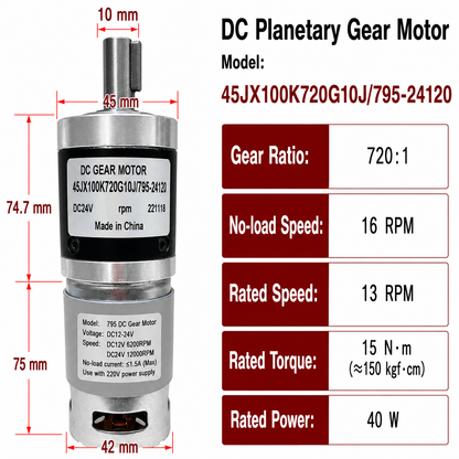 45JX100K 24V DC Planetary Gear Motor 40W High Torque Low Speed Brushed Gearmotor