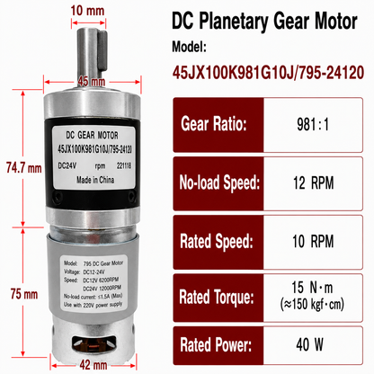45JX100K 24V DC Planetary Gear Motor 40W High Torque Low Speed Brushed Gearmotor