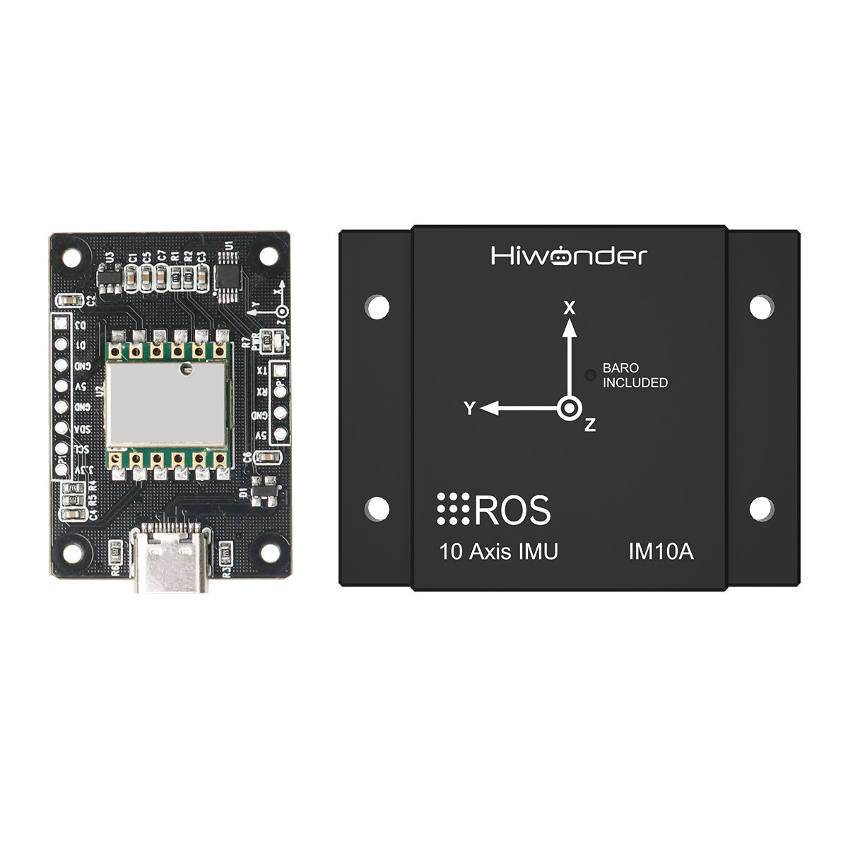 Hiwonder IM10A 10-axis IMU inertial navigation module, PCB and metal case front view with axis markings