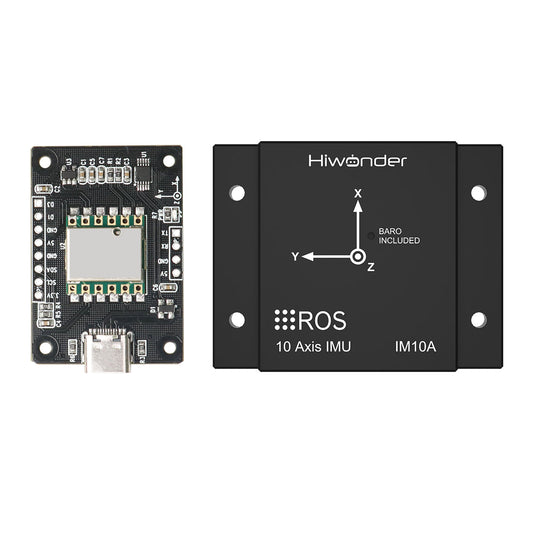Hiwonder IM10A 10-axis IMU inertial navigation module, PCB and metal case front view with axis markings