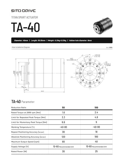 TA-40 Smart Actuator 24V BLDC Servo Motor with Harmonic Drive (50:1 / 100:1)