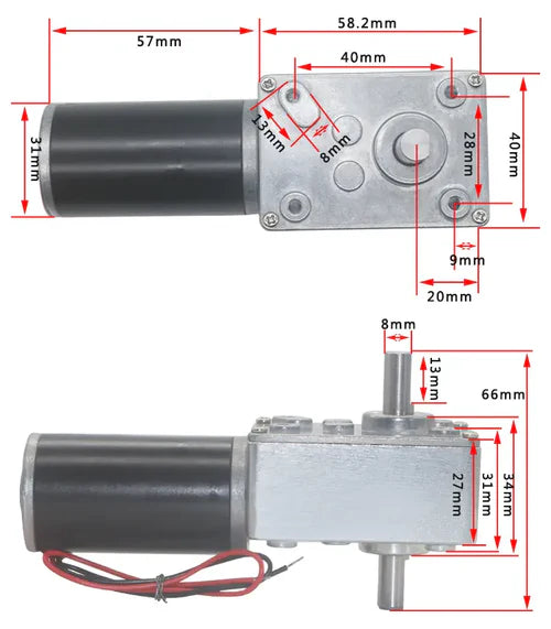 12V 80RPM High Torque Dual Shaft 31D DC Motor with Worm Gear Reduction – Self-Locking, High Precision