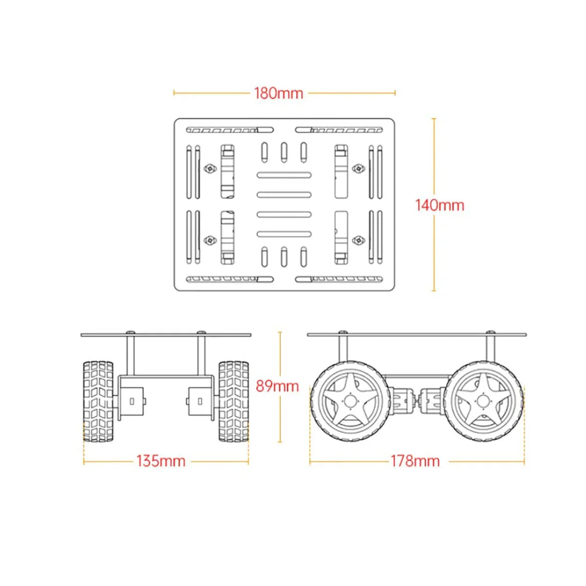 Technical dimension drawing of the 4WD chassis with top, front, and side measurements