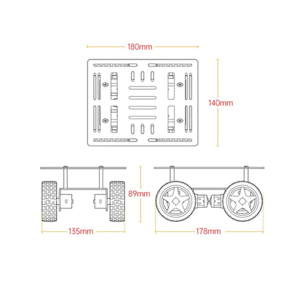 Technical dimension drawing of the 4WD chassis with top, front, and side measurements