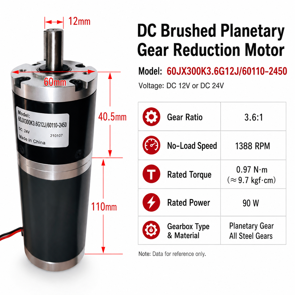 60JX300K 90W DC Planetary Gear Motor 12V/24V High Torque Low Speed Brushed Gearmotor