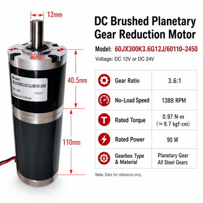60JX300K 90W DC Planetary Gear Motor 12V/24V High Torque Low Speed Brushed Gearmotor