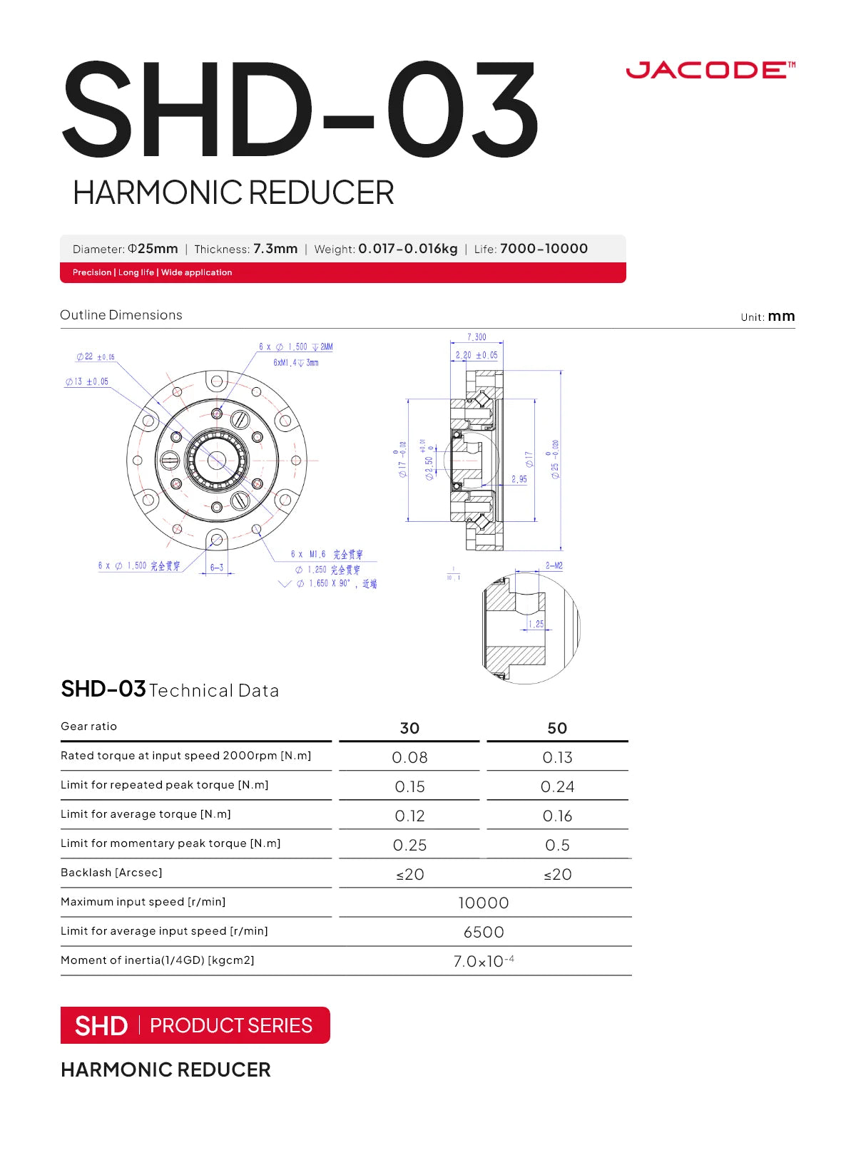 SHD-03 Mini Harmonic Drive Strain Wave Gear Reducer – 25mm Precision Gearbox 50:1
