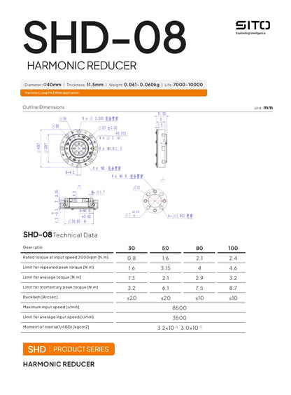 SHD-08 Mini Harmonic Drive Reducer 40mm Strain Wave Gearbox for Robot Arm (50:1 / 100:1)
