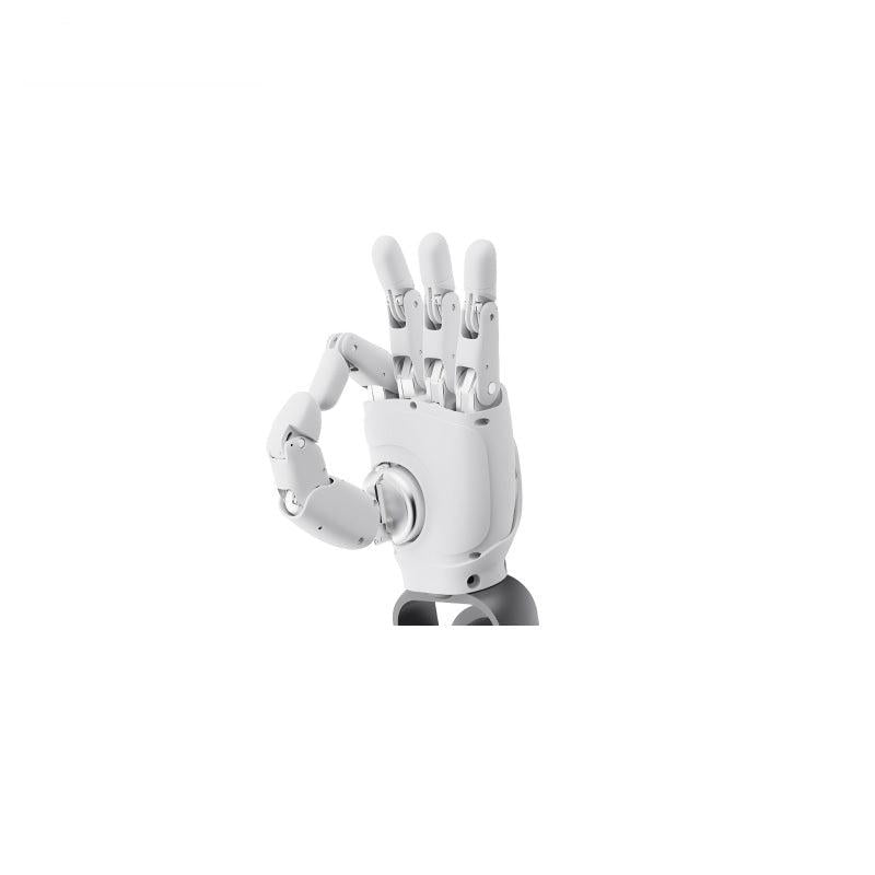 AGIBOT OmniHand dexterous robotic hand in OK gesture, front angled view on white background