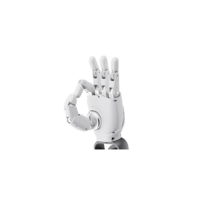 AGIBOT OmniHand dexterous robotic hand in OK gesture, front angled view on white background