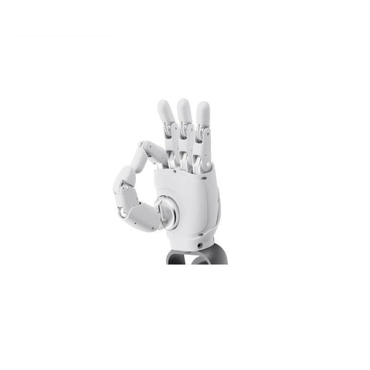 AGIBOT OmniHand dexterous robotic hand in OK gesture, front angled view on white background