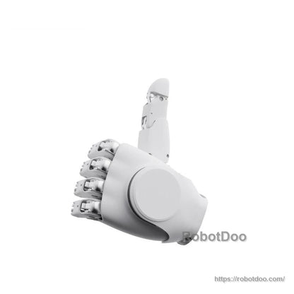 Side profile of robotic hand with thumb raised, showing knuckle joints and outer shell