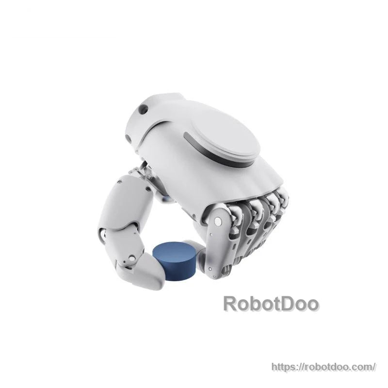 Robotic hand gripping a small blue cylinder, rear underside view showing finger mechanisms