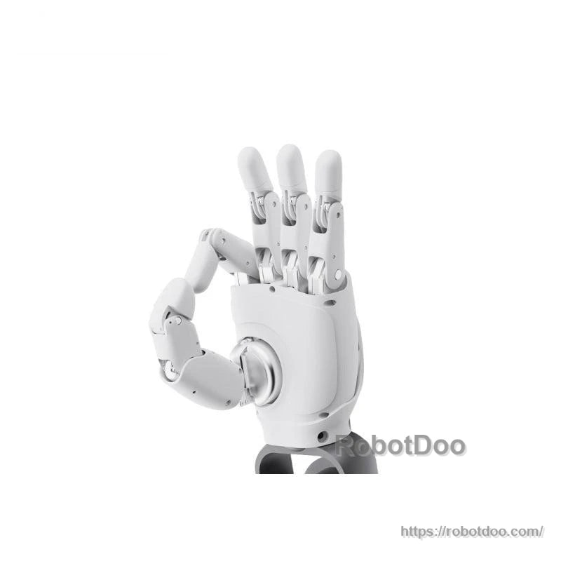 Robotic hand in OK gesture, wider front view showing wrist mount area