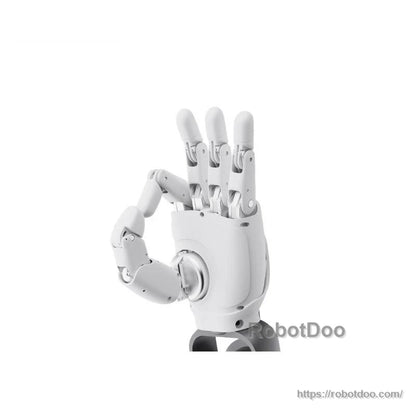 Robotic hand in OK gesture, wider front view showing wrist mount area