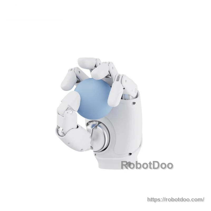 AGIBOT OmniHand holding a blue ball in a spherical grip, three-quarter view