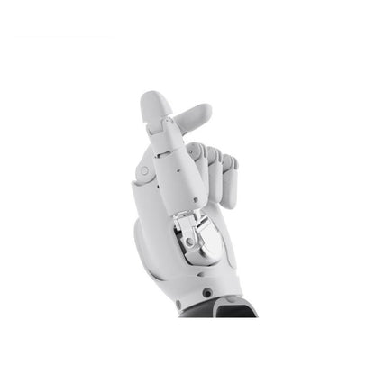 Robotic hand close-up with index finger pointing up, palm-side view showing thumb and finger joints